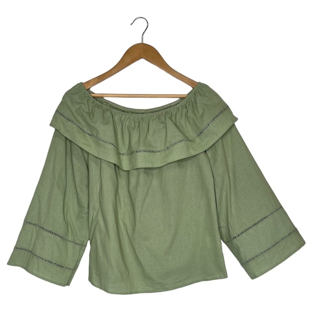 New Stylewe Top Womens S Bell Sleeve Ladder Crochet Off Shoulder Layered Green